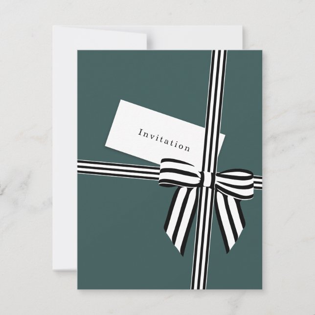 Striped Bow Flat Invitation Card Green (Front)