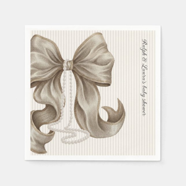 Striped Bow Ivory Pearl Baby Shower  Napkins (Front)