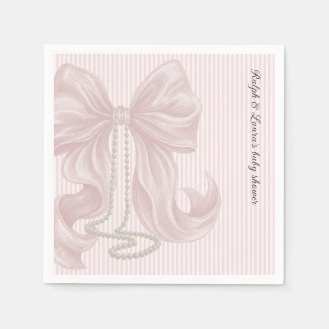 Striped Bow Ivory Pink Baby Shower  Napkins (Front)