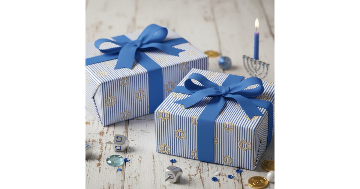 Striped Bright Blue Jewish Gold Star of David Wrapping Paper | Zazzle