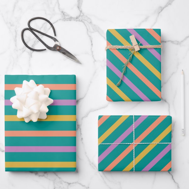 Striped Bright Orange Green and Purple  Wrapping Paper Sheets (Front)