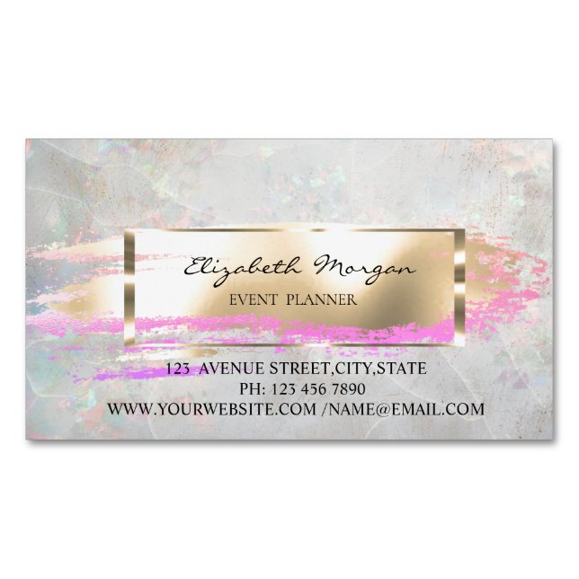 Striped,Brush Stroke,Gold Frame Holographic Opal Business Card Magnet (Front)