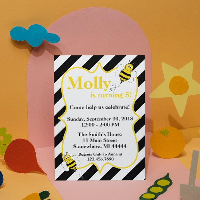 Striped Bumble Bee Birthday Party Invitation (Creator Uploaded)