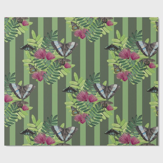 Striped Butterfly Tropical Floral Wrapping Paper (Flat)