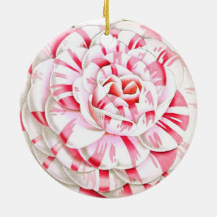 Striped candy cane camellia ceramic ornament