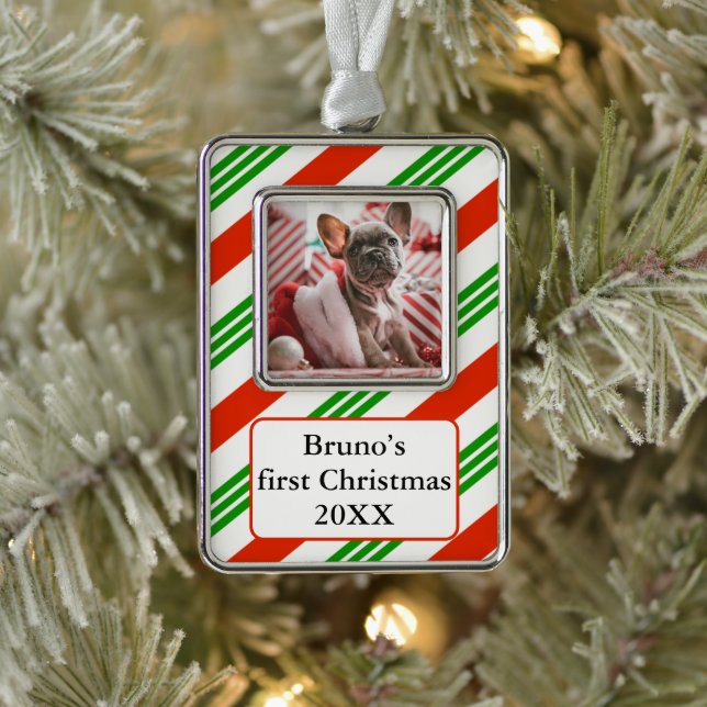 Striped Candy Cane Pet’s First Photo Christmas Ornament (Tree)