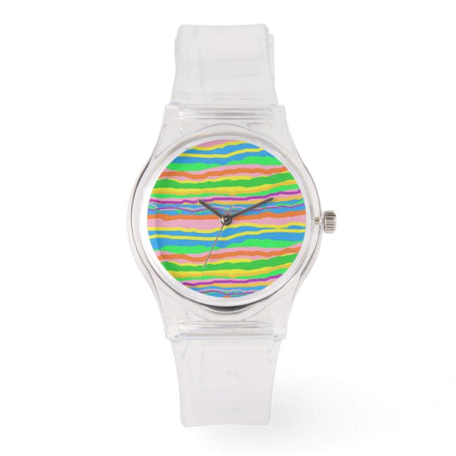 Striped candy rainbow design on a pink color watch (Front)
