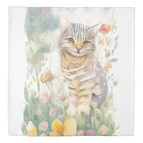 Striped Cat and Flower Garden Soft Pastel Color  Duvet Cover