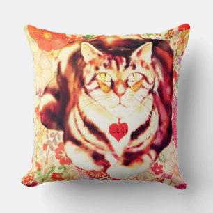 Striped Cat Art with Floral Background Throw Pillow