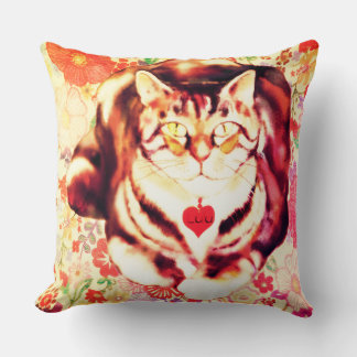 Striped Cat Art with Floral Background Throw Pillow
