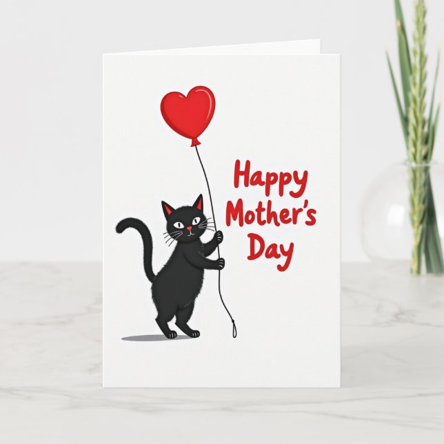 Striped Cat Balloon Heart Card (Front)