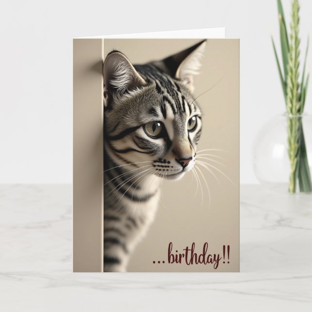 Striped Cat Birthday Reveal Card (Front)