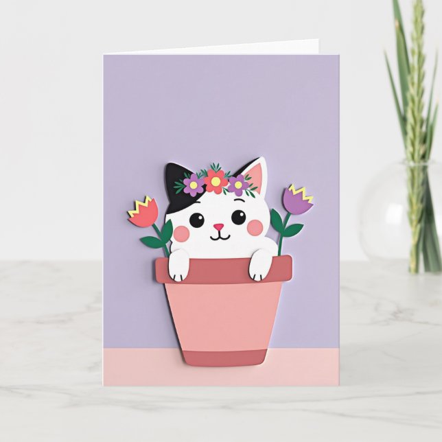 Striped Cat Flower Pot Card (Front)
