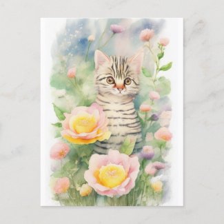Striped Cat in Flowergarden in Soft Water Pastel  