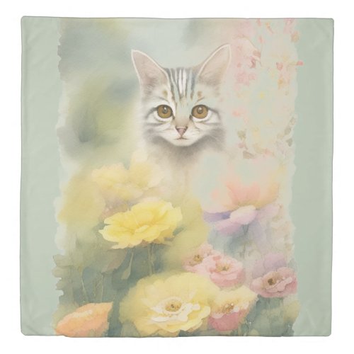 Striped Cat in the Flower Garden Soft Pastel Color Duvet Cover