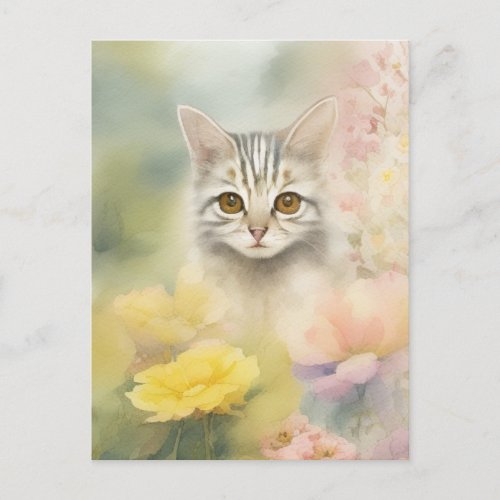 Striped Cat in the Flower Garden Soft Pastel Color Postcard