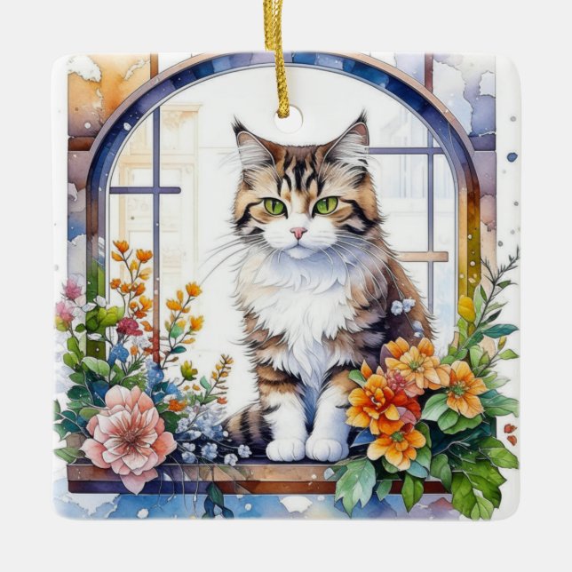 Striped Cat in Window of Flowers Personalized Ceramic Ornament (Front)