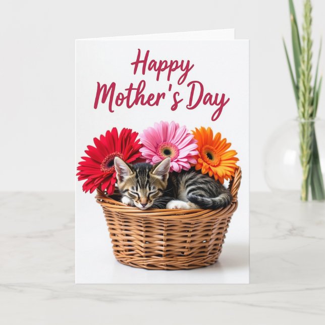 Striped Cat Mothers Day Floral Card (Front)