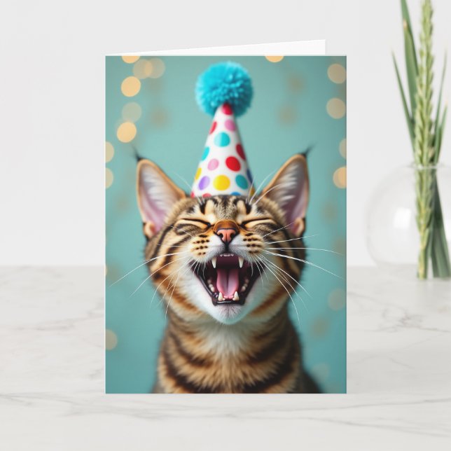 Striped Cat Party Hat Birthday Card (Front)