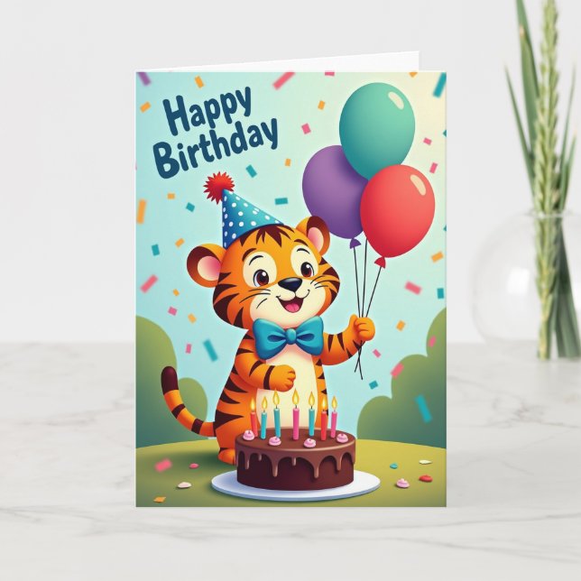 Striped Cat Party Hat Card (Front)
