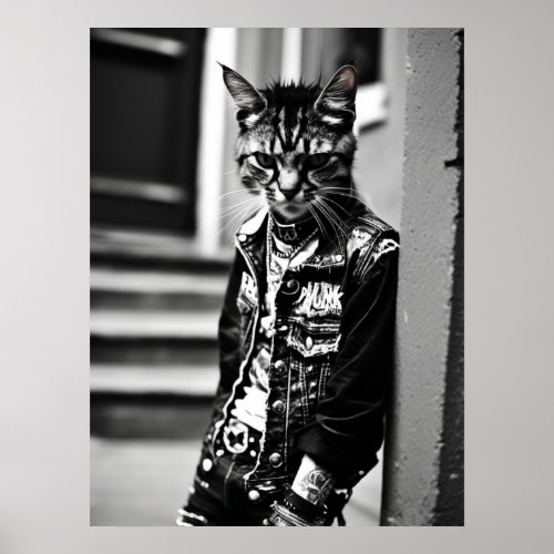 Striped Cat Punk Rocker Poster