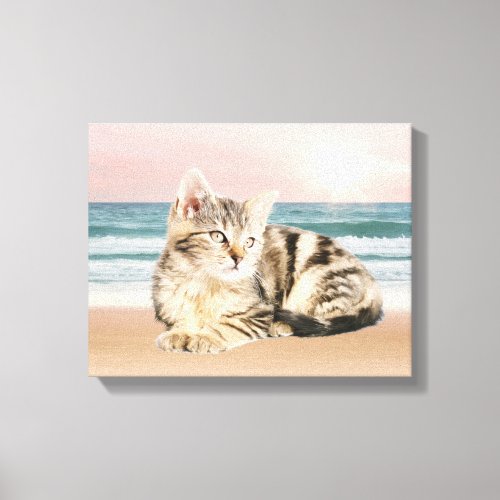 Striped Cat Sitting on Beach sunset Oil Painting Canvas Print