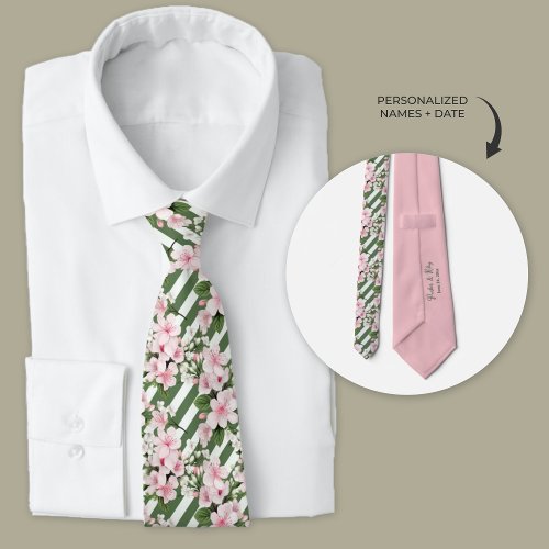 Striped Cherry Blossom Floral Groomsmen  Neck Tie
