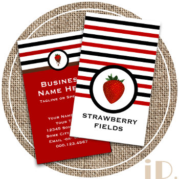 Striped Chic Strawberry Business Card by identica at Zazzle