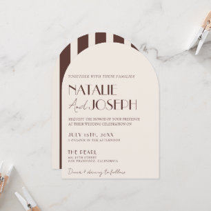 Striped Chocolate Brown Old Money Arched Wedding Invitation