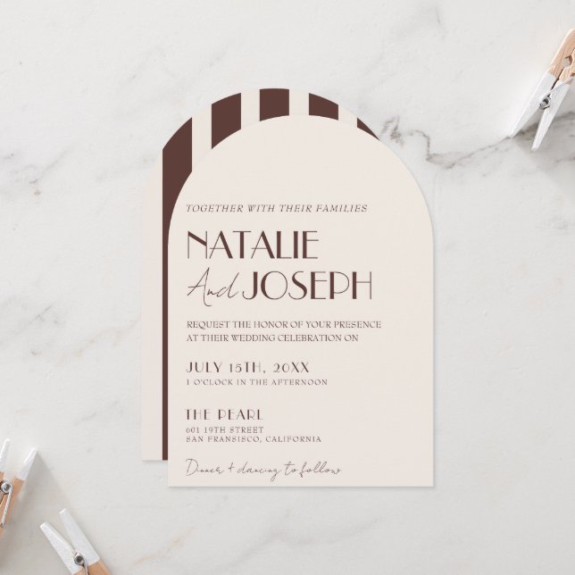 Striped Chocolate Brown Old Money Arched Wedding  Invitation (Front/Back In Situ)