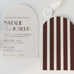 Striped Chocolate Brown Old Money Arched Wedding  Invitation