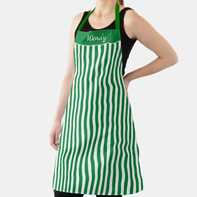 Striped Christmas Green and White Pattern Apron (Insitu)