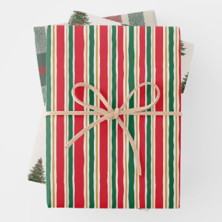 Striped Christmas Wrapping Paper, Pine Tree Paper Sheets