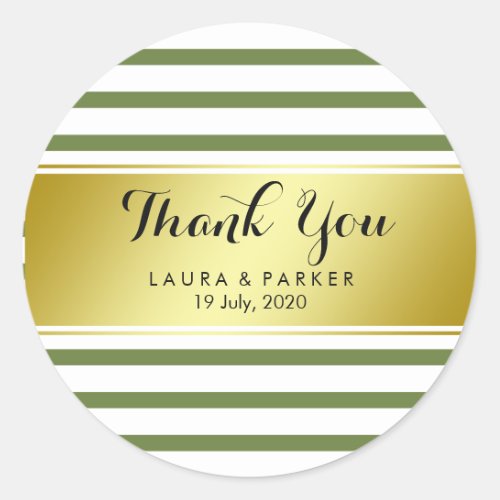 Striped Clean Green Gold  Foil Thank You Wedding Classic Round Sticker