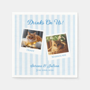 Striped Coastal Pet Photo Drinks On Us Wedding Napkins