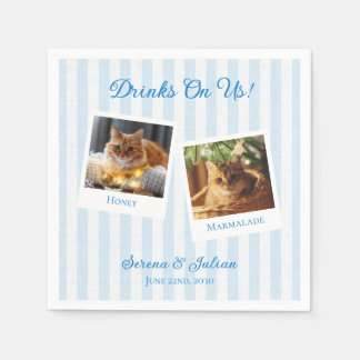 Striped Coastal Pet Photo Drinks On Us Wedding Napkins