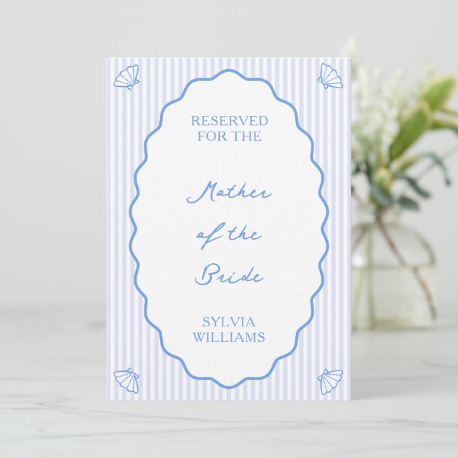 Striped Coastal Reserved Seat Wedding Blue Sign  Note Card (Standing Front)