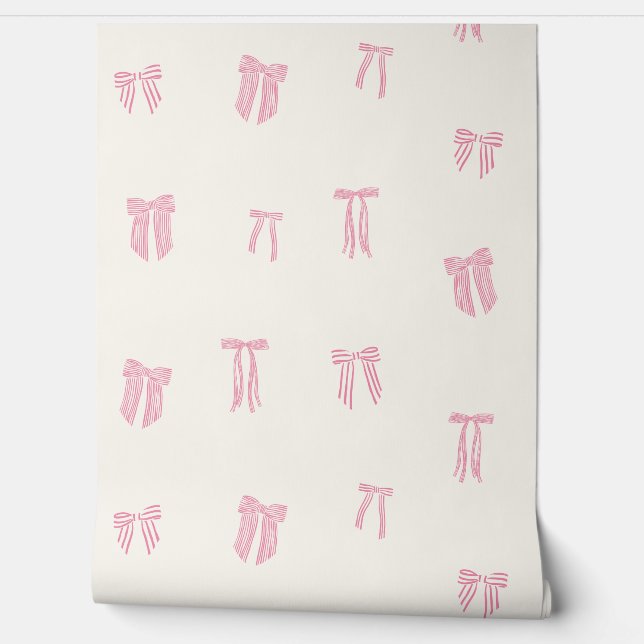 Striped Coquette Bows pink on cream Wallpaper (Unrolling)