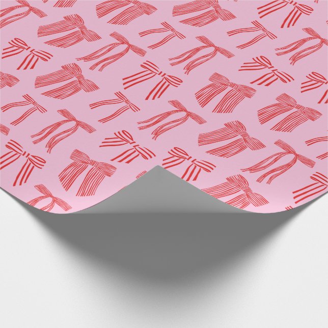 Striped Coquette Christmas Bows red on pink Wrapping Paper (Corner)