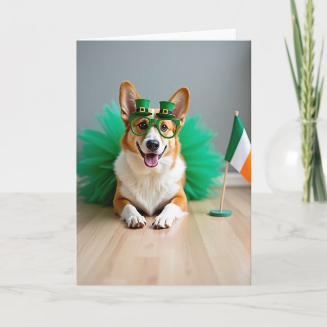 Striped Corgi St Patricks Card (Front)