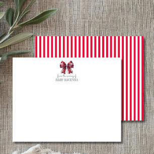 Striped Crimson Red Bow Cute Nursery Note Card