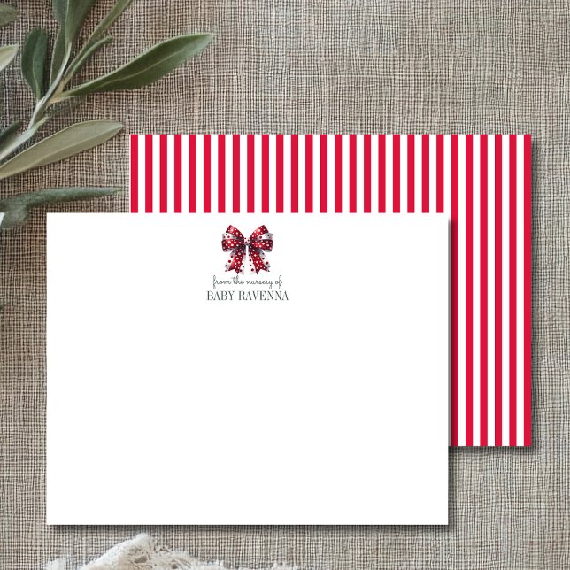 Striped Crimson Red Bow Cute Nursery Note Card (Creator Uploaded)