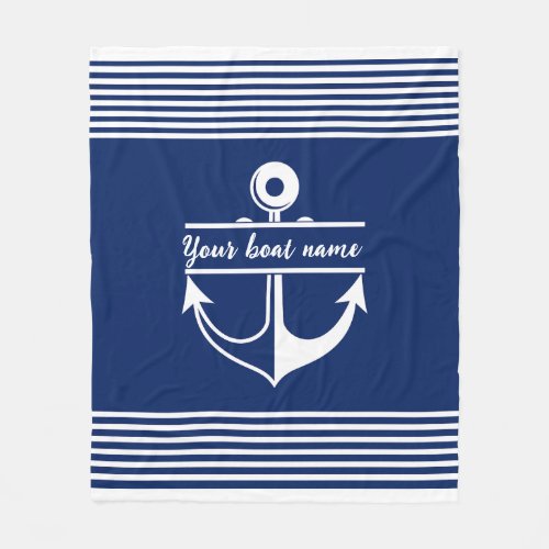 Striped Custom Boat Name anchor Navy Blue Fleece Blanket