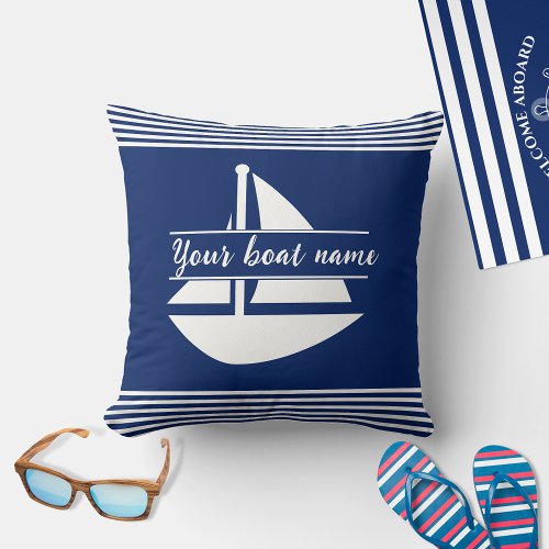 Striped Custom Boat Name Navy Blue Throw Pillow