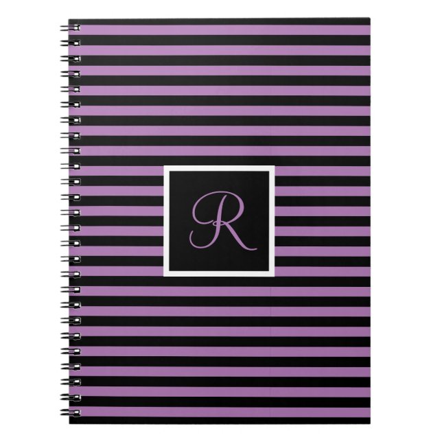 Striped Custom Initial Letter Purple and Black  Notebook (Front)