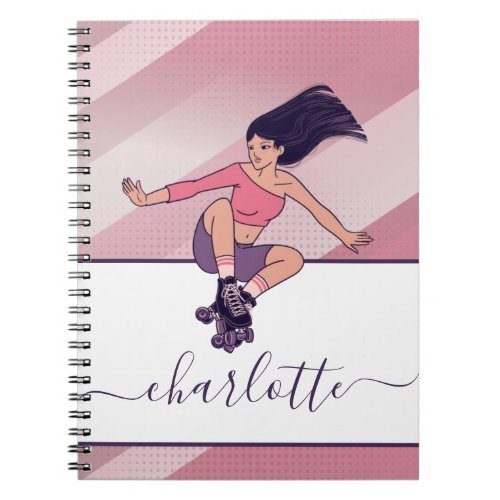 Striped Cute Pink Girl Roller Skating Custom Name  Notebook