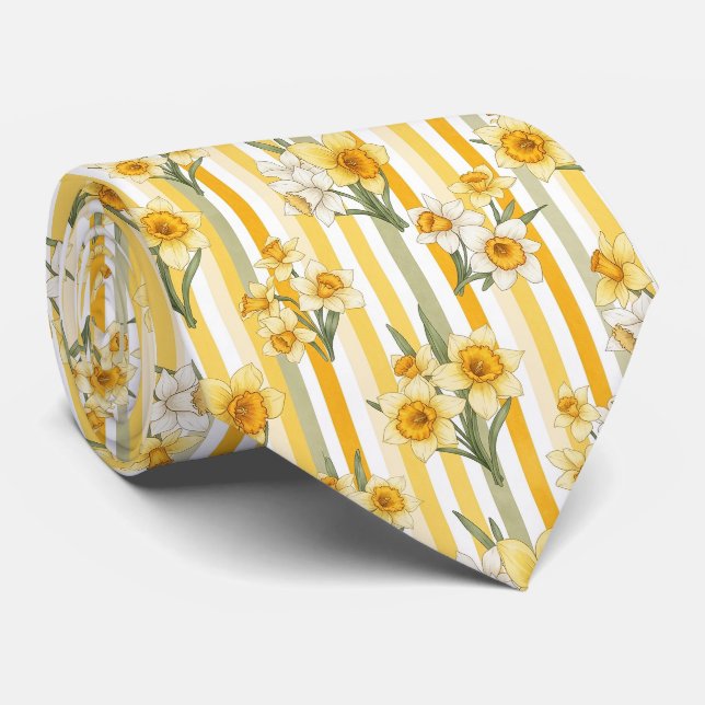 Striped Daffodil Floral Pattern Neck Tie (Rolled)