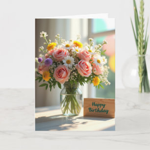 Striped Daisy And Rose Bloom Card