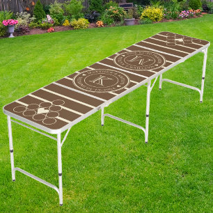 Striped Deep Forest Brown Wedding Monogram Heart Beer Pong Table