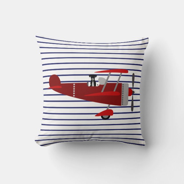 Striped Dog in Airplane Throw Pillow (Front)